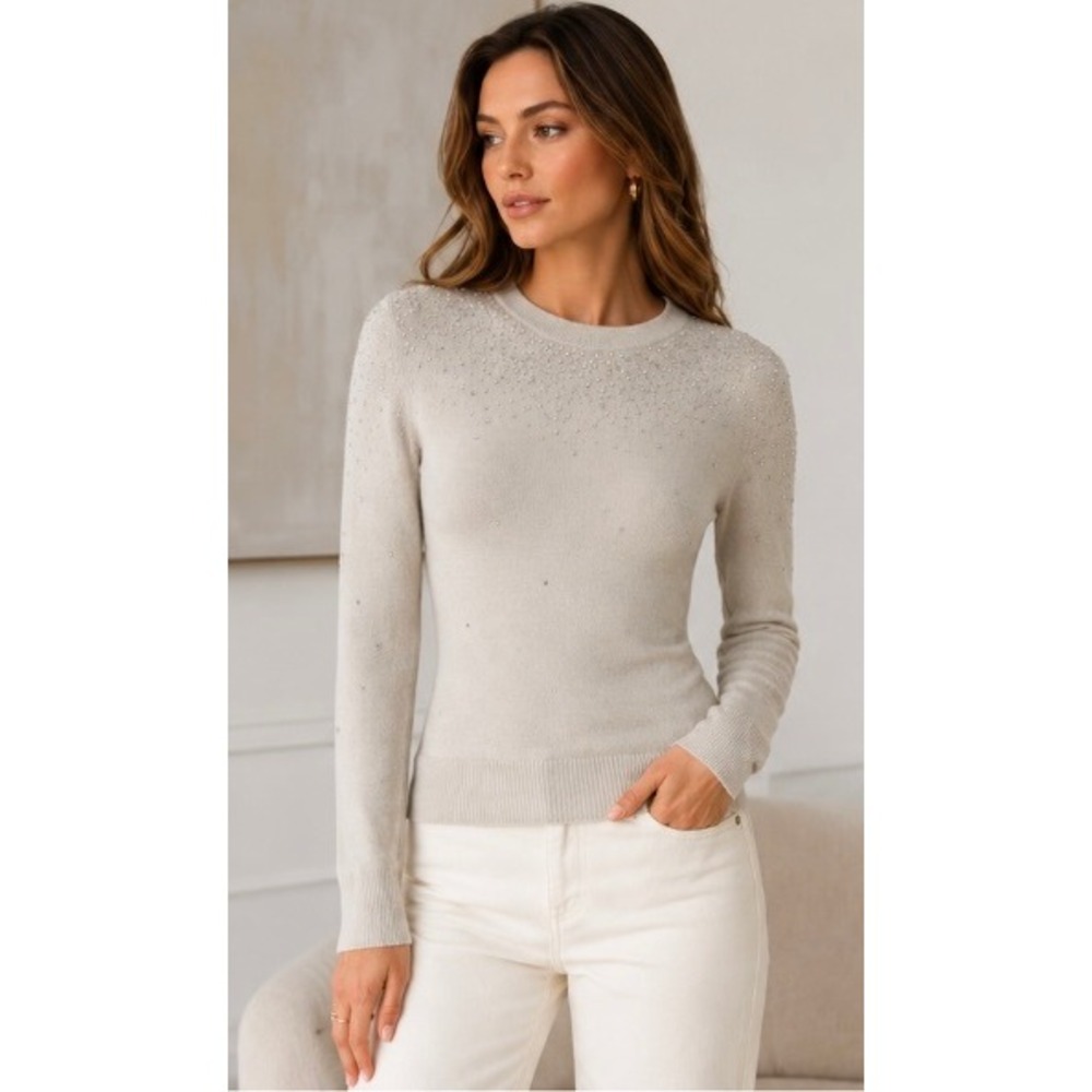 Kinross Cashmere Embellished Crystal Crewneck Sweater Cream XS